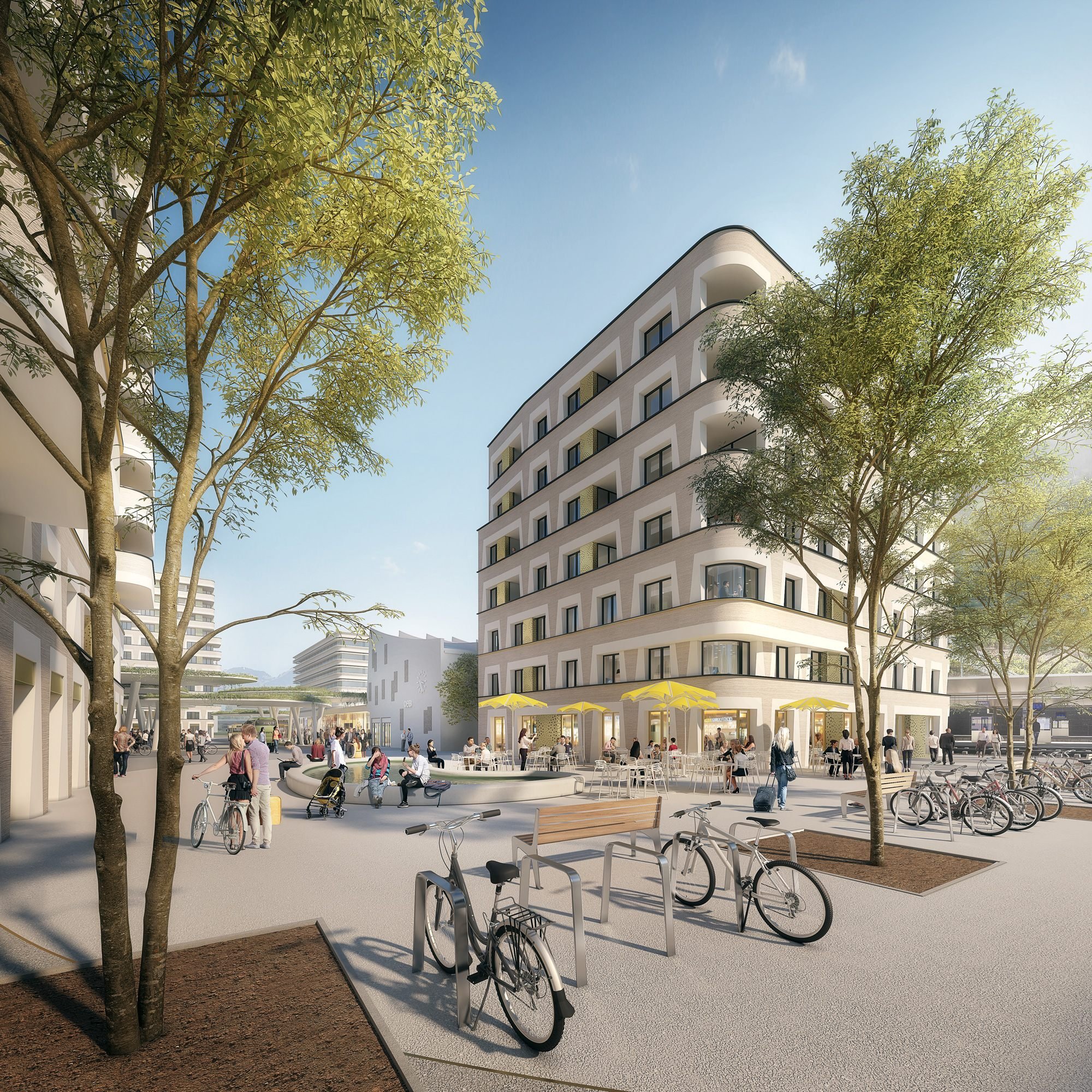 So könnte sich der neue Bahnhofsvorplatz künftig präsentieren: ein großzügiges offenes Areal das zum Verweilen einlädt. So könnte sich der neue Bahnhofsvorplatz künftig präsentieren: ein großzügiges offenes Areal das zum Verweilen einlädt.