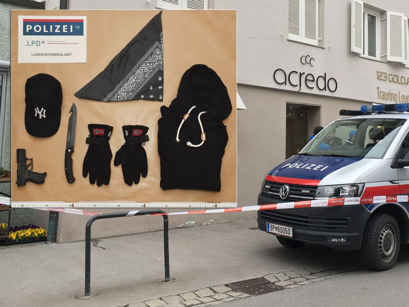 Die Polizei stellt ein Beweisfoto der Tatwaffe und der Kleidungsstücke die die Täterin benutzt hat zur Verfügung.